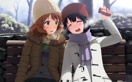 HD PC desktop wallpaper from the anime Sound! Euphonium featuring two girls in winter clothing sitting on a bench, one holding a can and smiling.