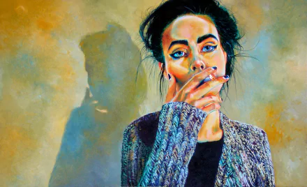 A vibrant artistic painting featuring a woman smoking, with a textured background. This HD artwork serves as a captivating desktop wallpaper.