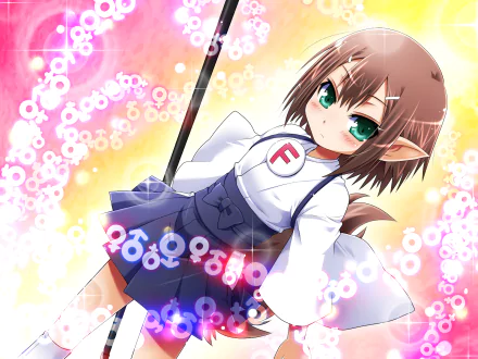 HD PC desktop wallpaper featuring an anime-style character from Baka and Test, with vibrant colors and playful, glowing symbols surrounding her.