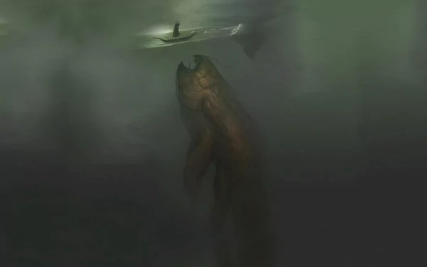 A captivating fantasy scene featuring a sea monster looming beneath the surface, while a small boat navigates the mysterious waters above. A striking HD wallpaper for your desktop.