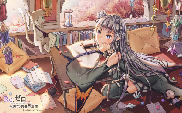 A vibrant HD wallpaper featuring Emilia and Pack from Re:ZERO, set in a cozy room filled with books and magical items, capturing the essence of the anime Re:Zero - Starting Life in Another World.