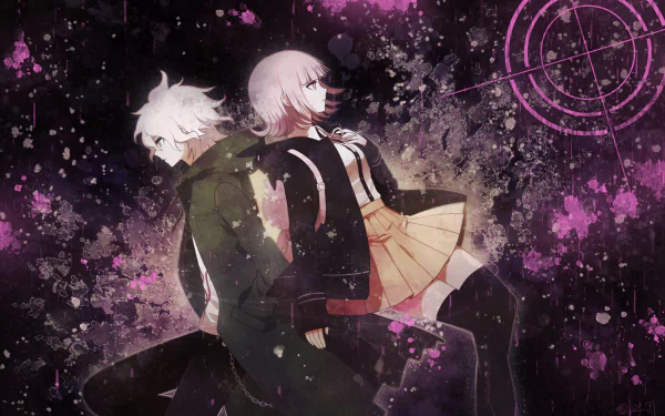 A striking HD wallpaper featuring Chiaki Nanami and Nagito Komaeda from Danganronpa 2: Goodbye Despair, set against a vibrant, abstract background.