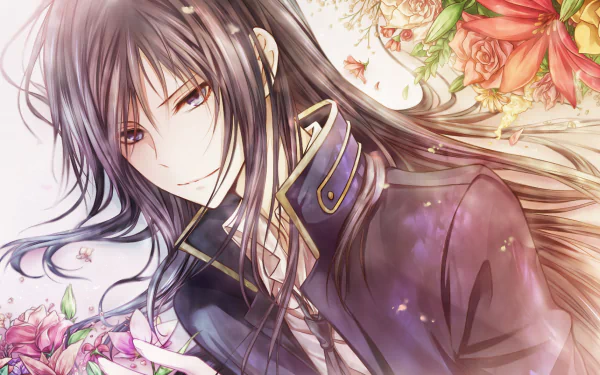 HD PC desktop wallpaper featuring an anime character from K Project surrounded by vibrant flowers in a detailed and elegant style.