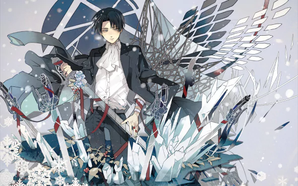 HD desktop wallpaper with Levi Ackerman from Attack on Titan in an intricate, anime-style setting featuring wings and crystal-like structures.