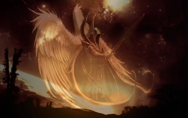 A striking fantasy wallpaper featuring an angel warrior, showcasing intricate wings and a celestial background filled with stars and cosmic elements.