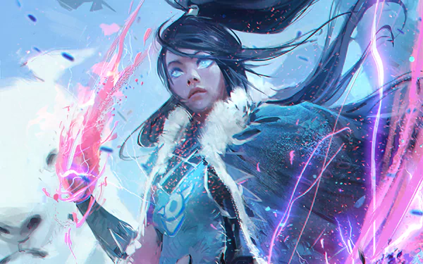 Korra from The Legend of Korra, featuring her long black hair and blue eyes, channels energy with vibrant pink and blue effects in this stunning HD anime wallpaper.