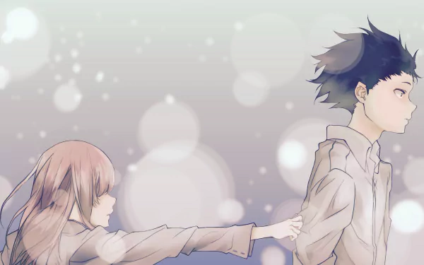 A HD desktop wallpaper featuring Shouya Ishida and Shouko Nishimiya from the anime A Silent Voice, with Shouko reaching out for Shouya against a soft, glowing background.