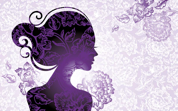 Abstract purple floral vector silhouette of a woman with decorative hair on a patterned background — 8K Ultra HD PC desktop wallpaper and background