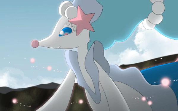 HD desktop wallpaper featuring Primarina from Pokémon Sun and Moon, showcasing the elegant Water/Fairy-type Pokémon against a serene sky background.