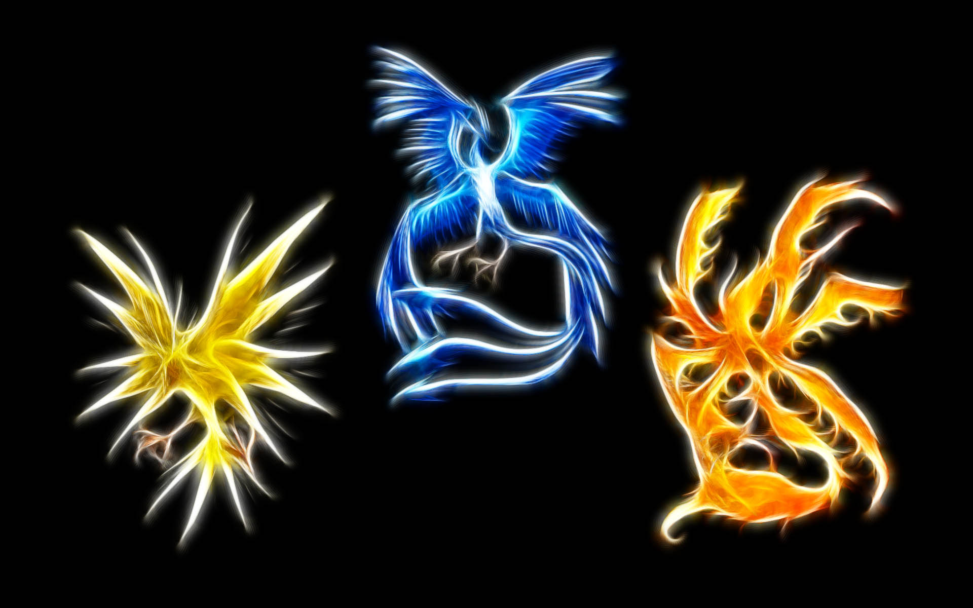 Legendary Pokémon Articuno, Moltres, and Zapdos soar with majestic wings and glowing tails.