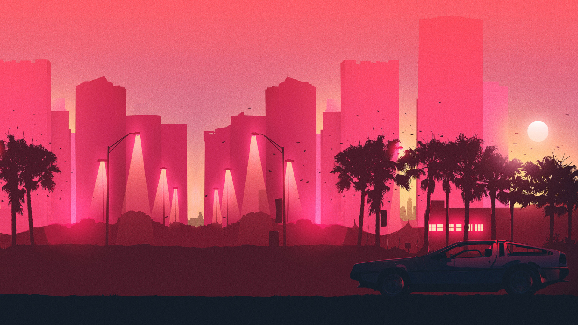 HD desktop wallpaper with an Outrun aesthetic, featuring a retro wave cityscape with neon-lit buildings, palm trees, and a classic car against a vibrant pink and purple sunset.