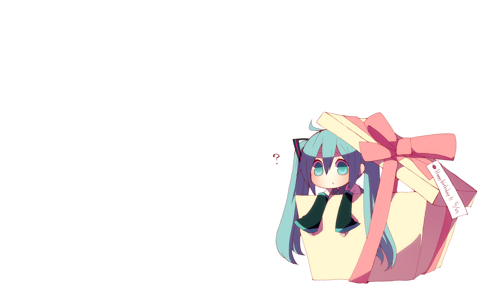 Chibi Hachune Miku, a Vocaloid character, peeks out from a gift box with a large pink bow on a clean white background, styled as an HD anime desktop wallpaper.
