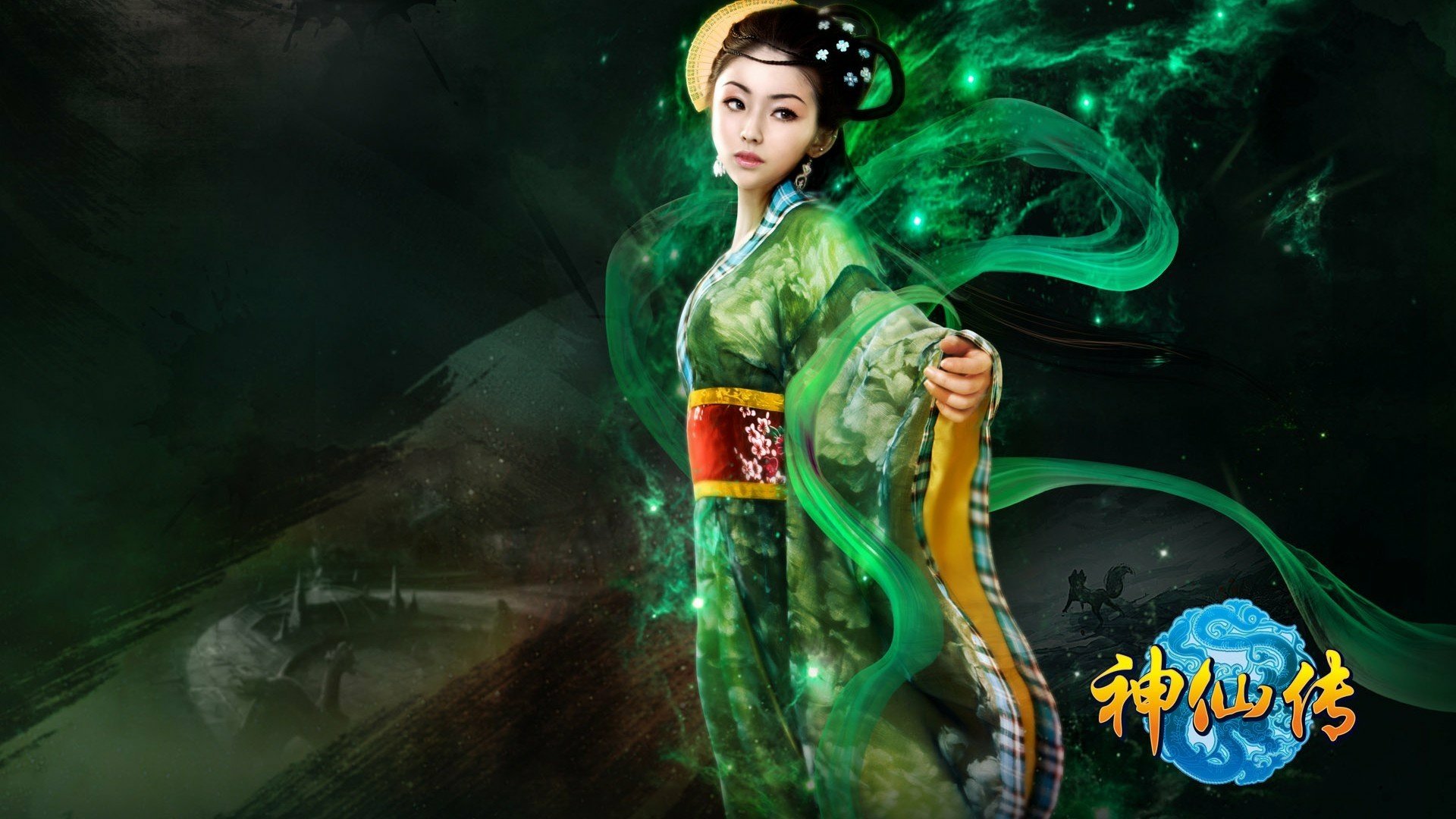 HD PC desktop wallpaper featuring an Asian woman in green fantasy cosplay inspired by Jade Dynasty, surrounded by mystical green energy effects.