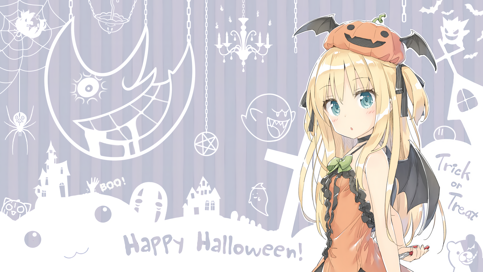 HD anime Halloween desktop wallpaper featuring a blonde girl in a pumpkin-themed costume with spooky, playful background elements and Happy Halloween text.