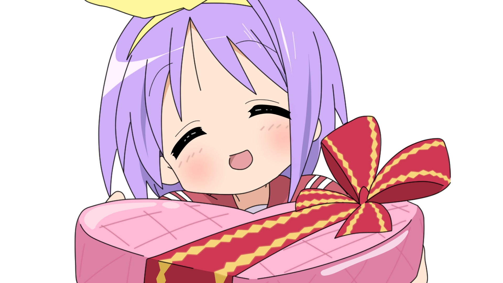 HD PC desktop wallpaper background featuring a Lucky Star anime character with lavender hair, smiling and holding a pink heart-shaped gift tied with a red-and-gold ribbon.