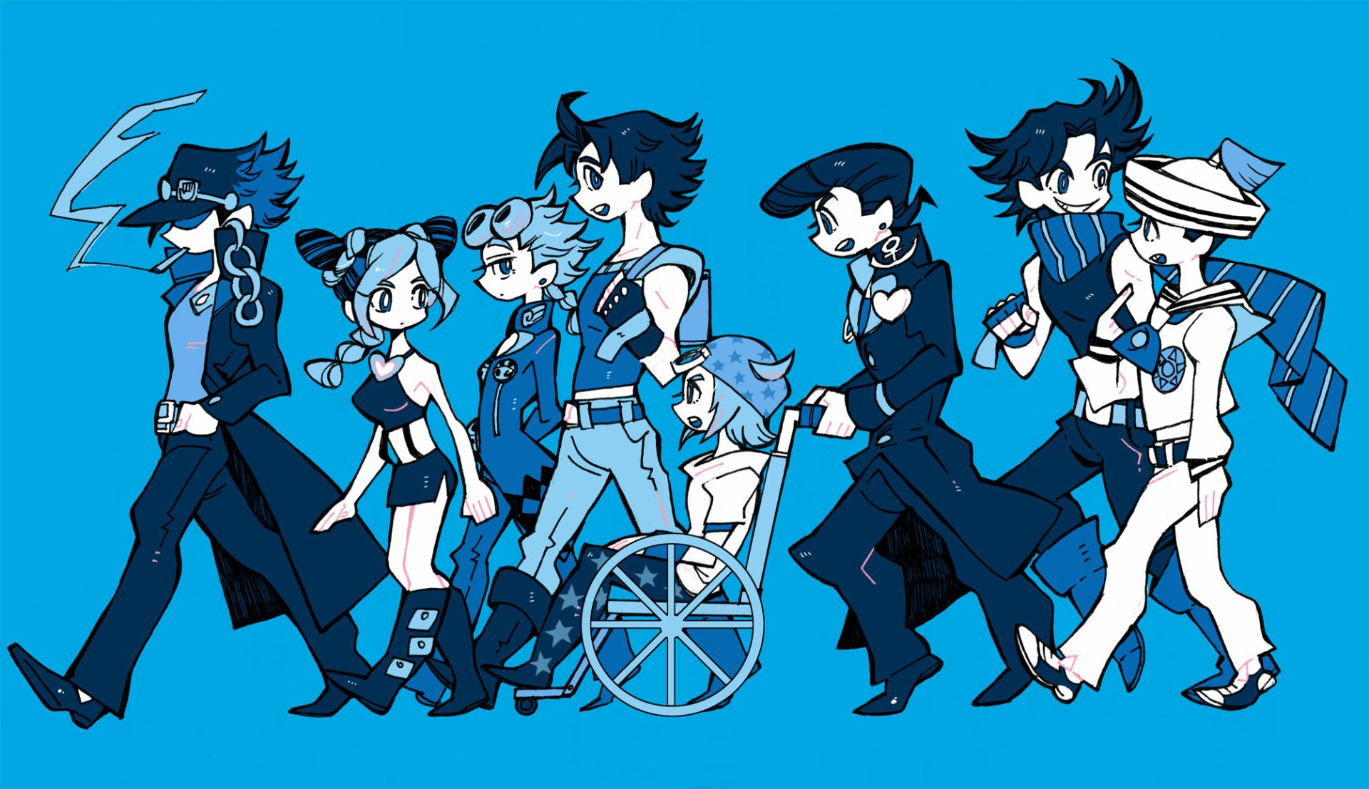 Anime-style HD PC desktop wallpaper featuring characters from Jojo's Bizarre Adventure lined up against a bright blue background.