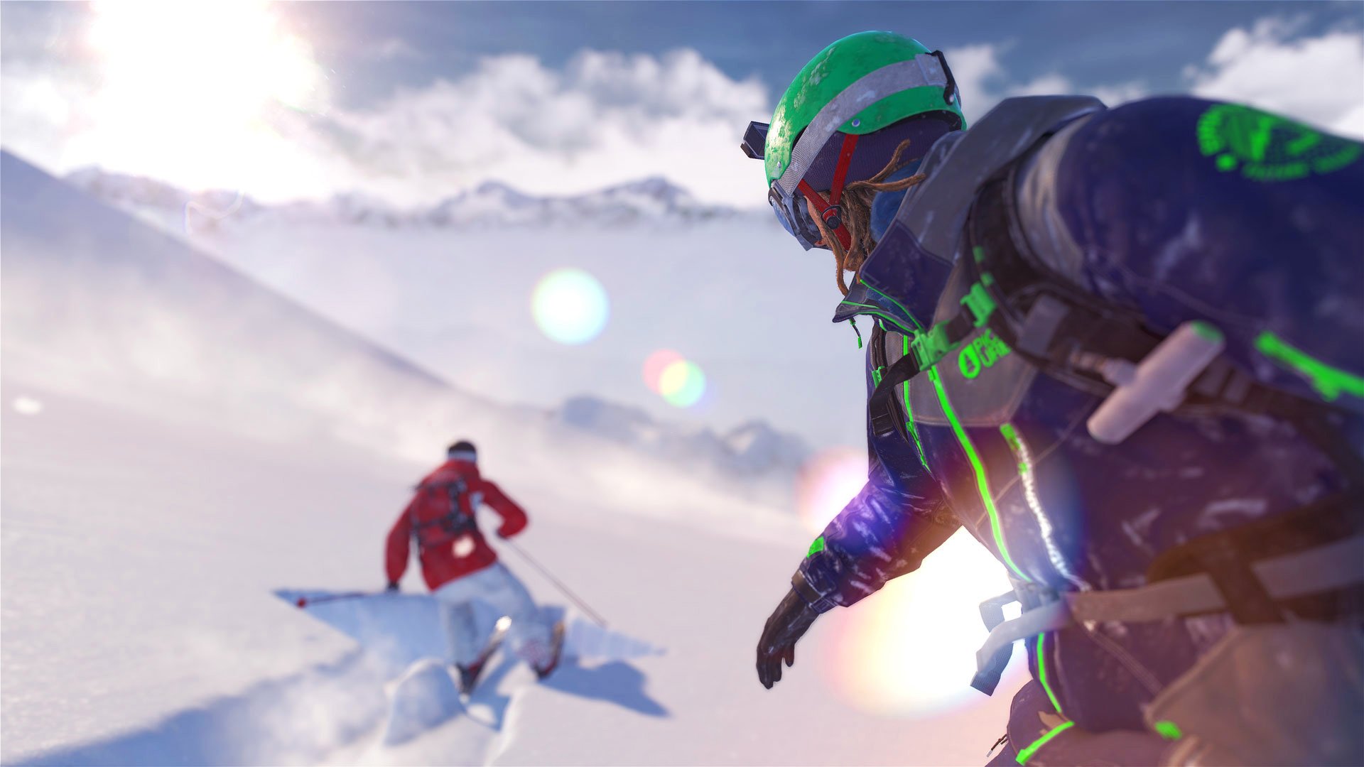 HD PC desktop wallpaper featuring a dynamic skiing scene from the Steep video game, showcasing two skiers on a snowy mountain slope against a bright, cloudy sky.