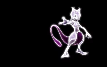 HD desktop wallpaper featuring a glowing Mewtwo from Pokémon, with a prominently visible tail, set against a black background.