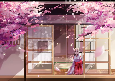 Anime-style HD desktop wallpaper depicting a serene spring scene with cherry blossom (sakura) petals falling around a girl sitting in a traditional Japanese room.