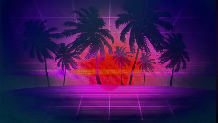 HD PC desktop wallpaper featuring a vibrant outrun retrowave scene with silhouetted palm trees, neon grid reflections, and a glowing sunset in artistic vaporwave style.
