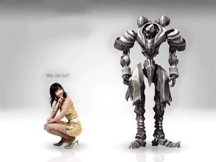 HD PC desktop wallpaper featuring a futuristic armored robot and a crouching woman with the text Who Are You? from the video game RF Online.