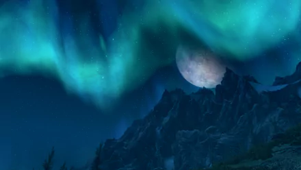 HD desktop wallpaper from The Elder Scrolls V: Skyrim, featuring a snowy mountain landscape under a glowing aurora and a large moon in the night sky.