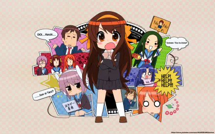 HD PC desktop wallpaper featuring chibi-style characters from the anime The Melancholy of Haruhi Suzumiya in vibrant, playful poses against a patterned background.