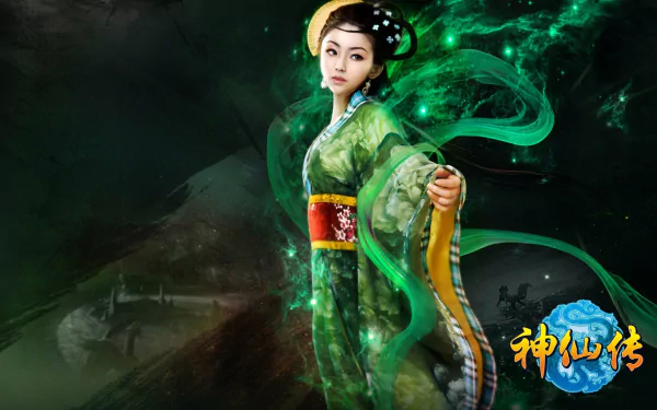 HD PC desktop wallpaper featuring an Asian woman in green fantasy cosplay inspired by Jade Dynasty, surrounded by mystical green energy effects.