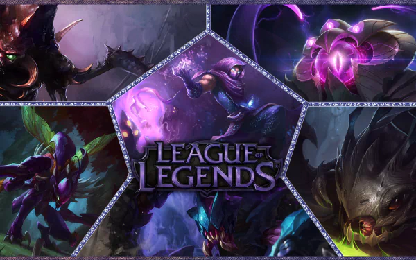 HD PC desktop wallpaper featuring League of Legends champions Kha'Zix, Vel'Koz, Rek'Sai, Kog'Maw, Malzahar, and Cho'Gath in a dynamic video game design.