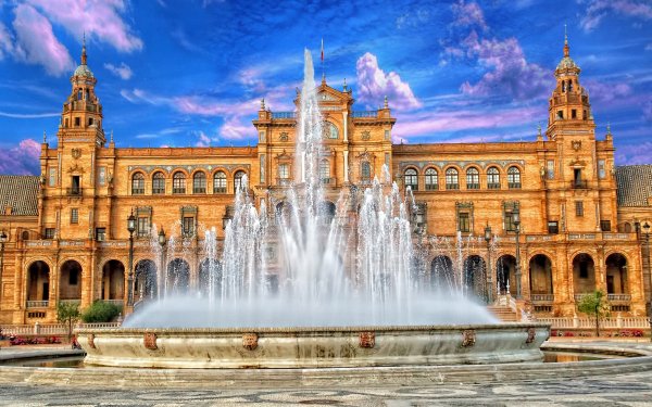 Man Made Fountain Building Spain HDR HD Wallpaper | Background Image