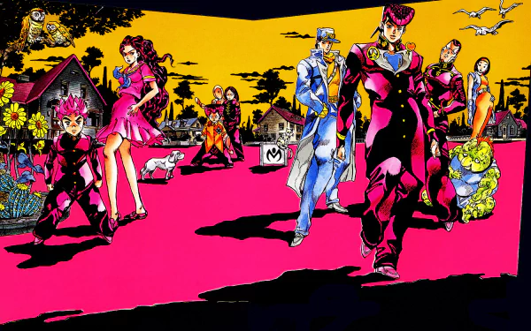 HD PC desktop wallpaper featuring vibrant anime characters from Jojo's Bizarre Adventure in a surreal, colorful landscape.