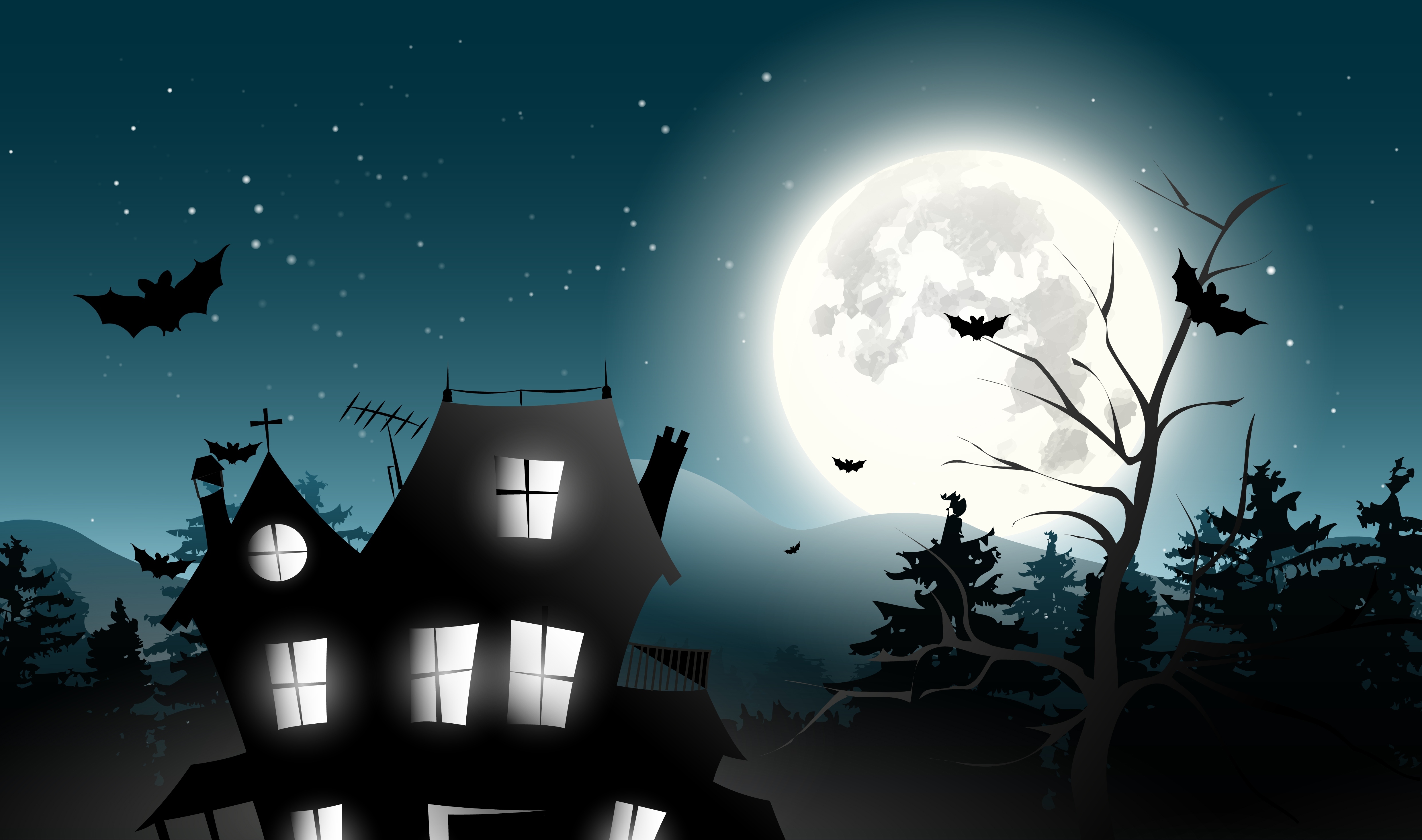 Домик на луне. Хэллоуин пейзаж. Страшный дом Хэллоуин. Сказочная ночь. Хэллоуин обои.
