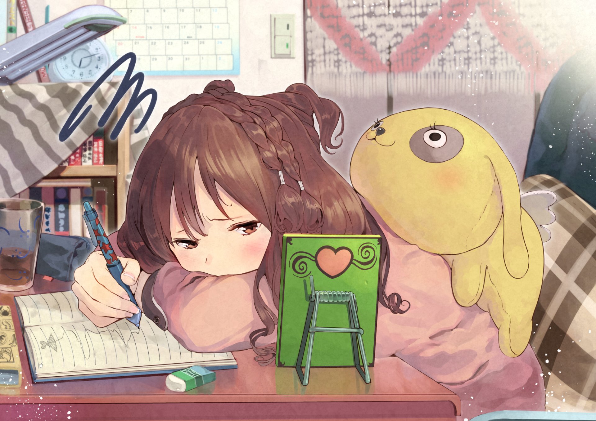 HD anime desktop wallpaper featuring a thoughtful anime girl with braided hair writing at a desk, accompanied by a cute yellow plush character in a cozy room setting.