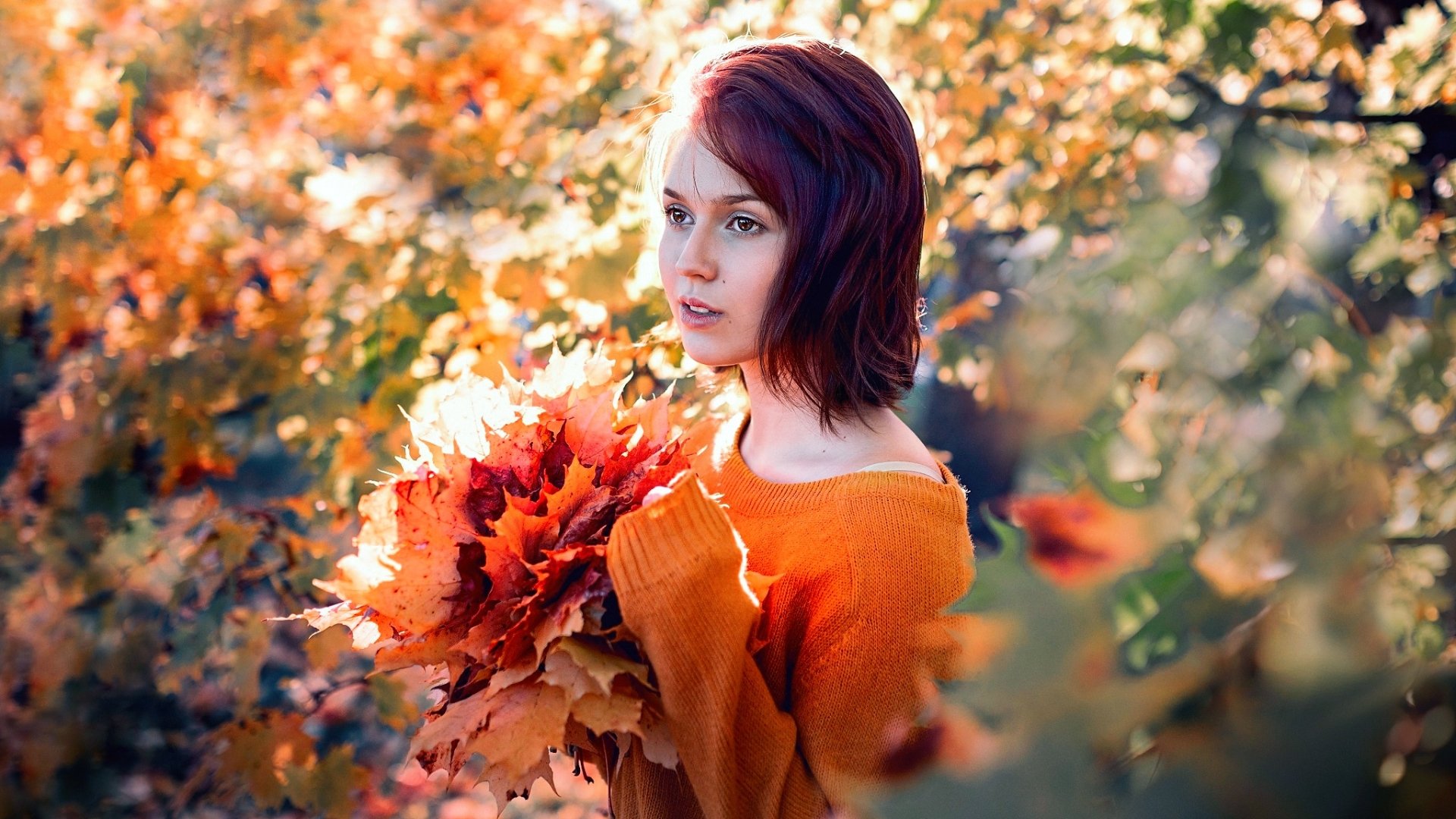 Download Sunny Blur Fall Leaf Brown Eyes Red Hair Model Woman Mood HD ...