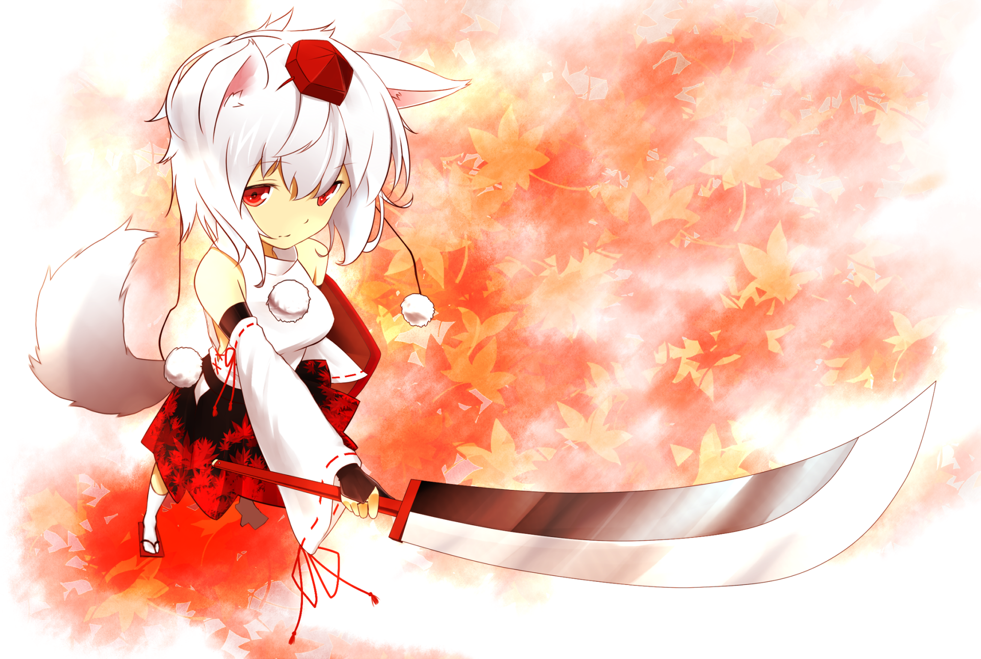 HD anime desktop wallpaper featuring Momiji Inubashiri from Touhou, wielding a large sword against a backdrop of vibrant autumn leaves.