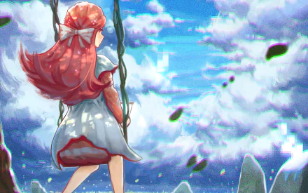 A serene anime scene featuring Rin from *Shelter*, swinging while gazing at a vibrant sky filled with clouds, creating a captivating HD desktop wallpaper and background.