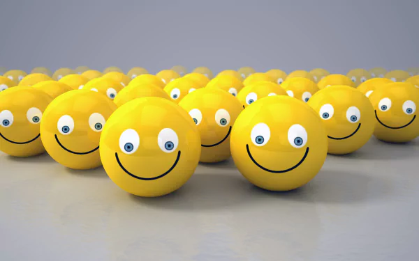 A group of bright yellow smiley faces with wide eyes arranged on a smooth surface, rendered in sharp 4K Ultra HD quality as a funny PC desktop wallpaper.