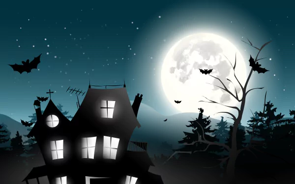 4K Ultra HD Halloween desktop wallpaper featuring a spooky haunted house, bats flying, and a bright full moon against a starry night sky.