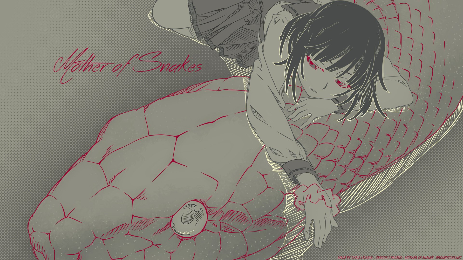HD anime desktop wallpaper featuring a character from the Monogatari series with dark hair and red eyes, leaning on a large snake with intricate scales.