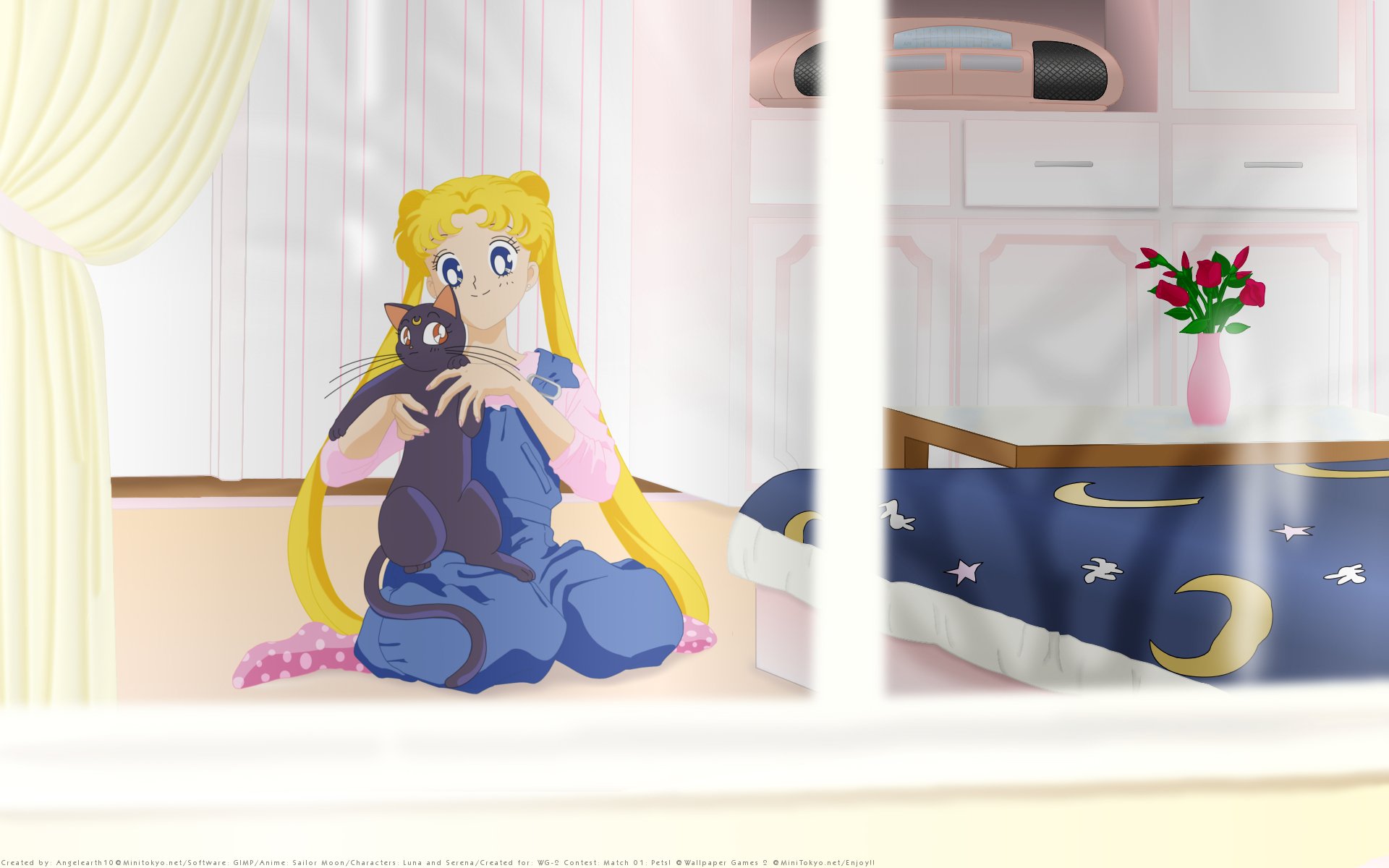 HD anime desktop wallpaper featuring Sailor Moon sitting indoors holding her black cat, with a cozy room and a starry moon-themed bedspread in the background.