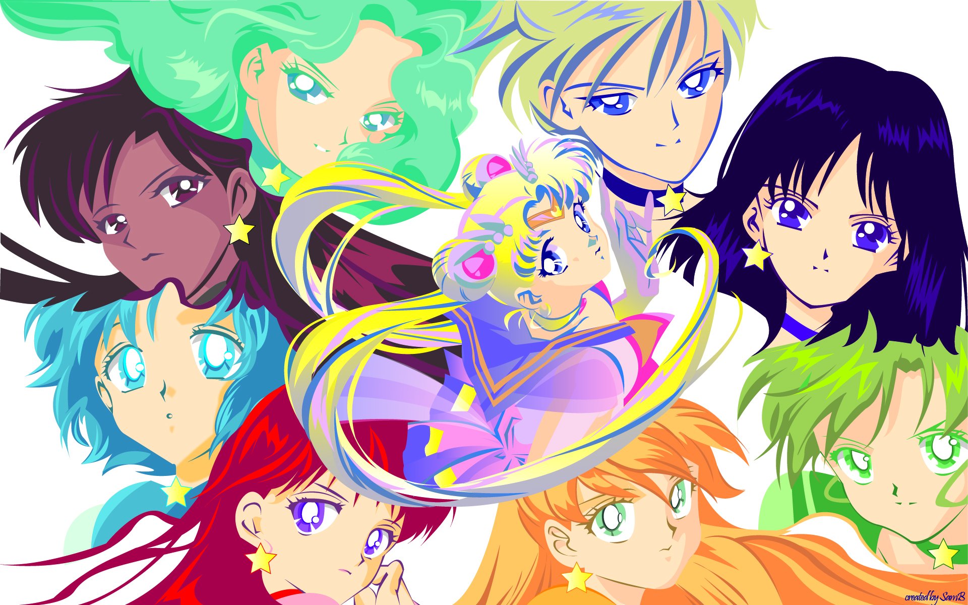 HD PC desktop wallpaper featuring vibrant anime-style characters from Sailor Moon arranged in a dynamic, colorful composition.