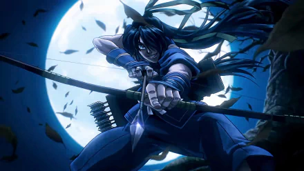HD anime desktop wallpaper featuring Nasu no Yoichi from Drifters, poised with bow and arrow against a glowing full moon backdrop.