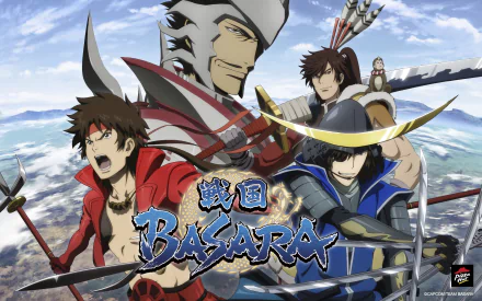 HD PC desktop wallpaper featuring dynamic anime characters from Sengoku Basara in action-packed poses against a mountainous backdrop.