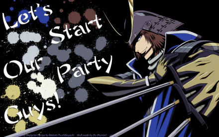 HD anime desktop wallpaper featuring a Sengoku Basara character in dynamic pose with bold text Let's Start Our Party Guys! against a dark, splattered background.