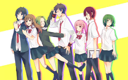 HD anime desktop wallpaper featuring characters from Hori-san To Miyamura-kun in school uniforms against a bright yellow and white background.