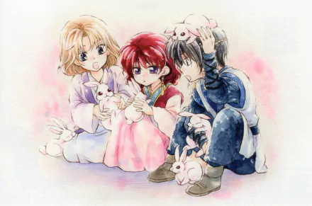 Three cute anime characters from *Yona of the Dawn*, including Yona, Hak Son, and Su-won, joyfully play with rabbits in this vibrant 4K Ultra HD wallpaper.