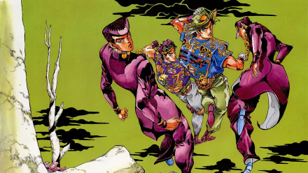 HD desktop wallpaper featuring Josuke Higashikata, Jotaro Kujo, Joseph Joestar, and Jonathan Joestar from the anime JoJo's Bizarre Adventure in dynamic poses.