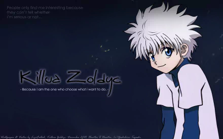 A striking HD desktop wallpaper featuring Killua Zoldyck from the anime Hunter x Hunter, showcasing his character and determination against a deep blue backdrop.