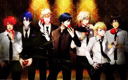 HD anime desktop wallpaper featuring the cast of Uta no Prince-sama, showcasing seven stylish male characters in elegant attire against a warm, patterned backdrop.