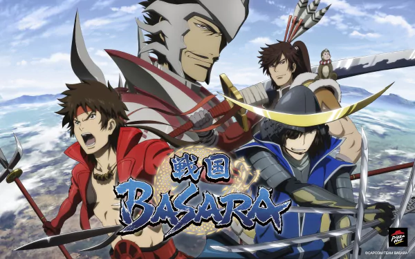 HD PC desktop wallpaper featuring dynamic anime characters from Sengoku Basara in action-packed poses against a mountainous backdrop.
